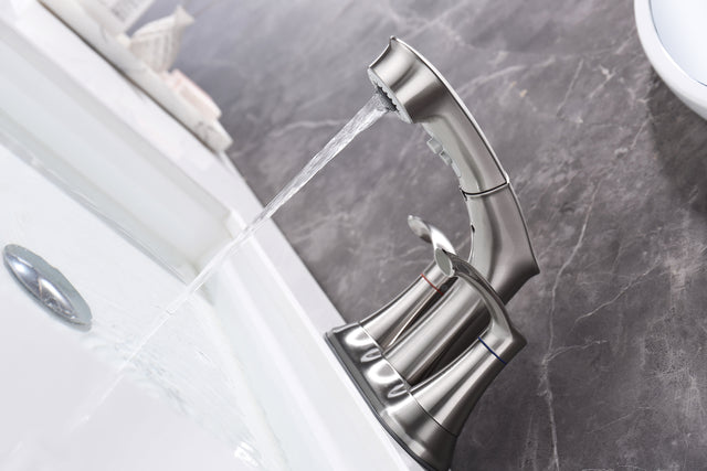 Bathroom Faucets for Sink 3 Hole,Brushed Nickel Bathroom Faucet with Pull Out Multi Functional Sprayer,Vanity Sink Faucet 2 Handle Centerset 4 inch Pull Down Faucet with 2 Water Lines,RV Camper Faucet