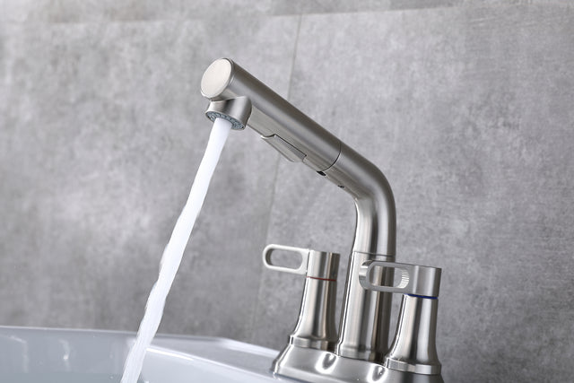 2 Handle Bathroom Sink Faucet 3 Hole with Pull Out Sprayer, Centerset Bathroom Faucets, 4 Inch Centerset Bathroom Faucet with Retractable Hose, Hot and Cold Water Mixing Faucet