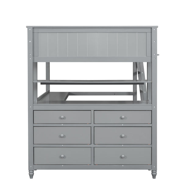 Full size Loft Bed with Drawers and Desk, Wooden Loft Bed with Shelves - Gray(OLD SKU:LT000529AAE)