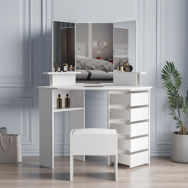 Corner dressing table make up desk with three-fold mirror and 5 rotary drawer Wooden Bedroom Vanity Table (White)