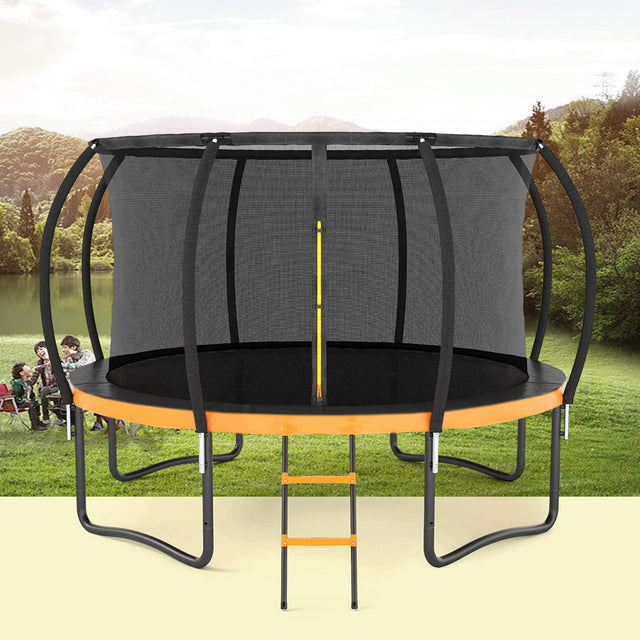 14FT Outdoor Big Trampoline With Inner Safety Enclosure Net, Ladder, PVC Spring Cover Padding, For Kids, Black&Orange Color