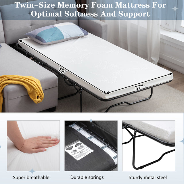 78.3" Convertible Sleeper Sofa Bed,Linen Pull Out Couch with Storage Chaise,Sleeper Counch with Memory Foam Mattress for  Small Space Living Room Bedroom Office,Light Gray