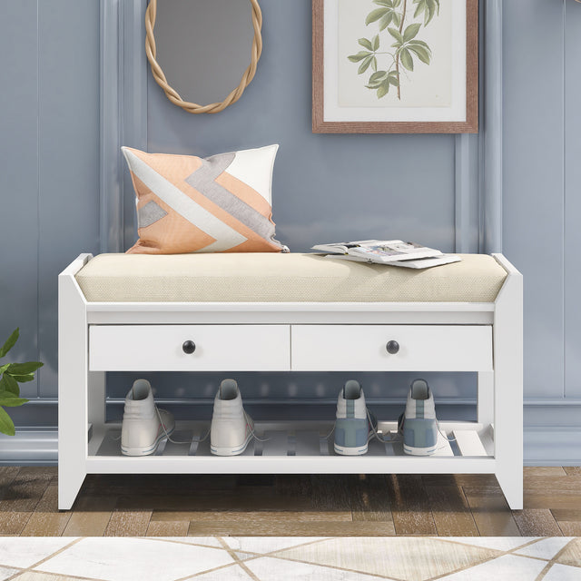 TREXM  Shoe Rack with Cushioned Seat and Drawers, Multipurpose Entryway Storage Bench (White)