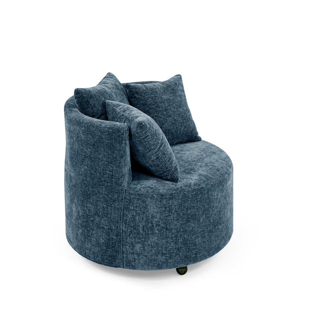 Modern Chenille Upholstered Swivel Backrest Chair for Living Room, with Movable Wheels, Including 3 Pillows, Navy