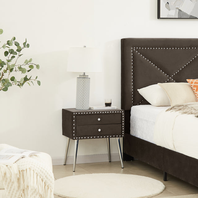 B109 King bed with two nightstands,Beautiful brass studs adorn the headboard, strong wooden slats + metal legs with Electroplate