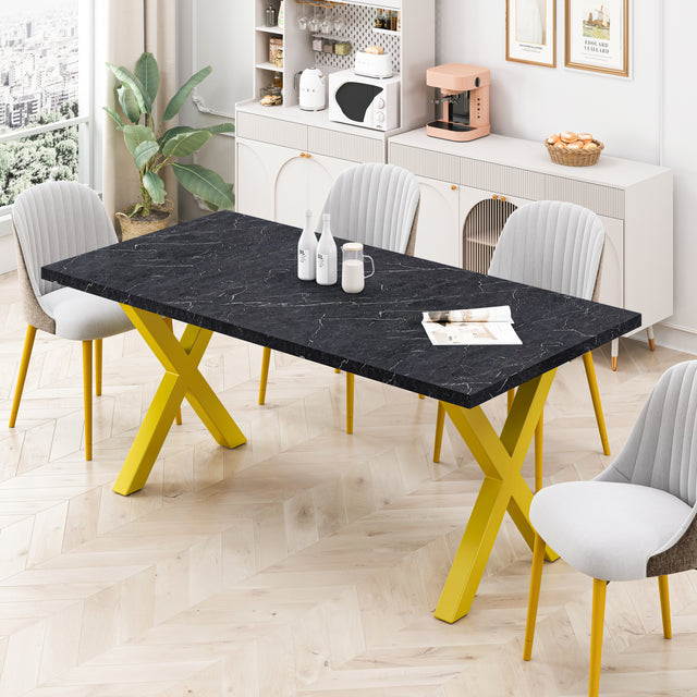 70.87"Modern Square Dining Table with Printed Black Marble Table Top+Gold X-Shape Table Leg