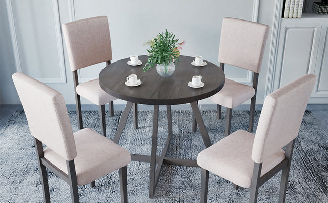 TOPMAX Mid-Century Wood  5-Piece Kitchen Dining Table Set with Round Table, 4 Upholstered Dining Chairs for Small Places, Gray Table + Beige Chair