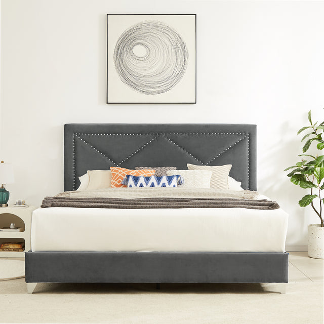 B109 King bed .Beautiful brass studs adorn the headboard, strong wooden slats + metal legs with Electroplate