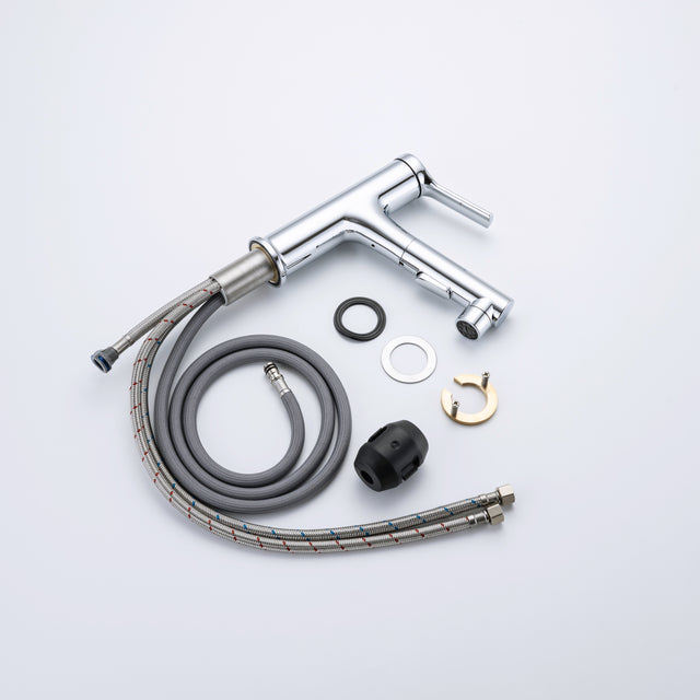 Single Hole Bathroom Faucet with Pull Out Sprayer, Dual Spray Modes, Solid Brass Polished Chrome Bathroom Faucet for Sink, Modern One Handle Bath Vanity Faucet with Face Basin Mixer Tap\\nVisit the YI