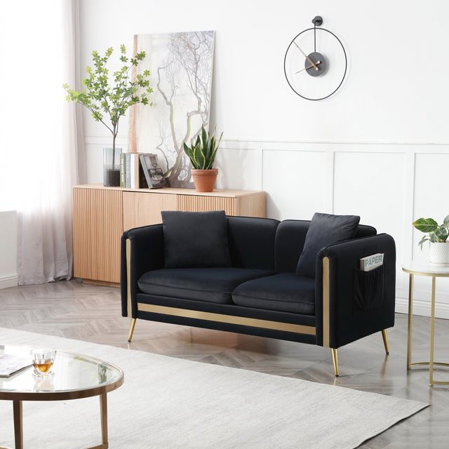 59” Modern Upholstered Velvet Loveseat Sofa 2 Seater Couch with Removable Cushions Side Pocket Mid-Century Tufted Living Room Set Gold Metal Legs ,2 Pillows Included,Black
