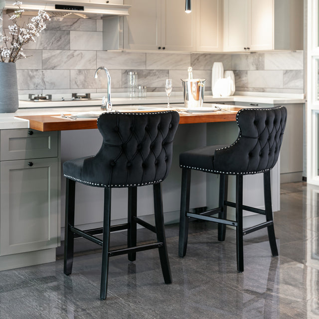 A&A Furniture,Contemporary Velvet Upholstered Wing-Back Barstools with Button Tufted Decoration and Wooden Legs, and Chrome Nailhead Trim, Leisure Style Bar Chairs,Bar stools,Set of 2 (Black),SW1824BK