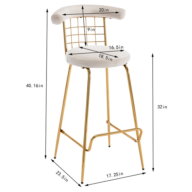 Bar Stool Set of 2, Luxury Velvet  High Bar Stool with Metal Legs and Soft Back, Pub Stool Chairs Armless Modern Kitchen High Dining Chairs with Metal Legs, Beige