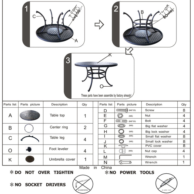 All-Weather and Durable 52" Round Cast Aluminum Round Dining Table with Umbrella Hole