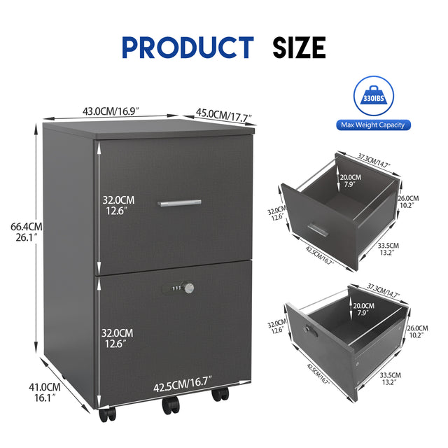 Dark gray  file cabinet with two drawers with lock, office storage cabinet Office pulley removable file cabinet Wooden drawer cabinet Office storage cabinet Low cabinet