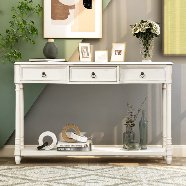 TREXM Console Table Sofa Table with Drawers for Entryway with Projecting Drawers and Long Shelf (Antique White)