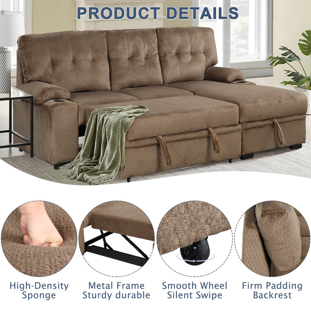 95.7" Modern Padded Upholstered  Sofa Bed Sleeper Sectional Sofa with Storage Chaise and Cup Holder for Living Room Furniture Set