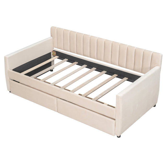 Twin Size Upholstered daybed with Drawers, Wood Slat Support, Beige
