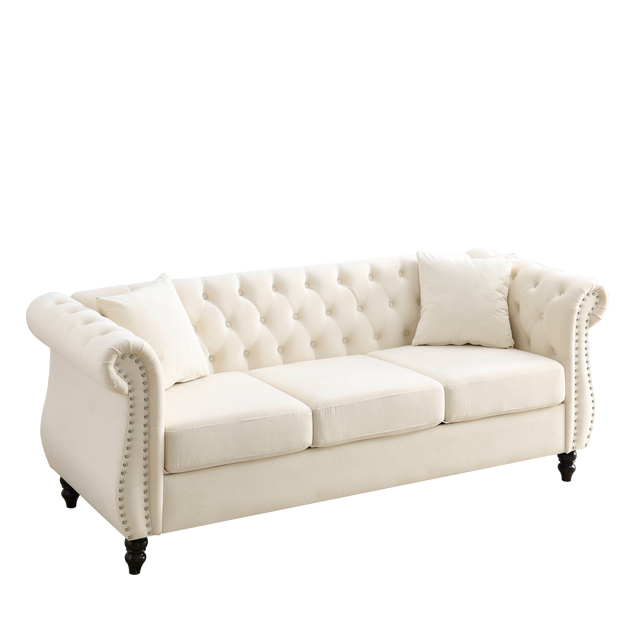 [Video] 80" Chesterfield Sofa Beige Velvet for Living Room, 3 Seater Sofa Tufted Couch with Rolled Arms and Nailhead for Living Room, Bedroom, Office, Apartment, two pillows