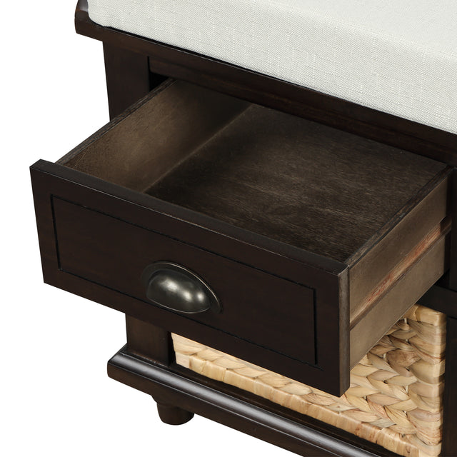 TREXM Rustic Storage Bench with 3 Drawers and 3 Rattan Baskets, Shoe Bench for Living Room, Entryway (Espresso)