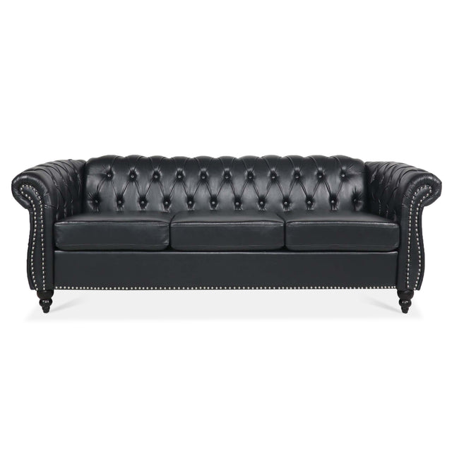 84.65" BLACK PU Rolled Arm Chesterfield Three Seater Sofa.