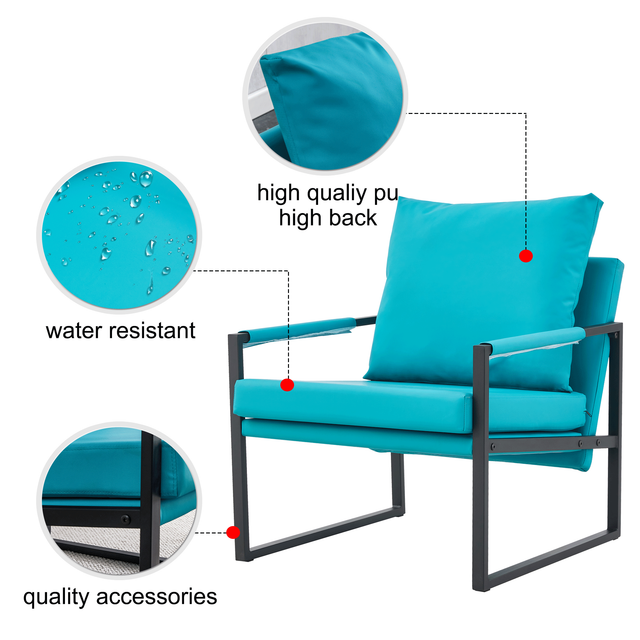 PU Leather Accent Arm Chair Mid Century Modern Upholstered Armchair with Metal Frame Extra-Thick Padded Backrest and Seat Cushion Sofa Chairs for Living Room ( Cyan PU Leather + Metal + Foam )