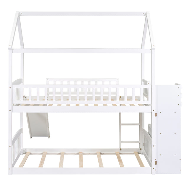 Twin Over Twin Bunk Bed with Drawers and Slide, House Bed with Slide,White(OLD SKU :LT000215AAK)