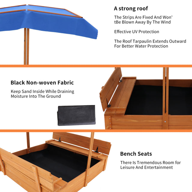 Wood Sandbox with Cover, Sand Box with 2 Bench Seats for Aged 3-8 Years Old, Sand Boxes for Backyard Garden, Sand Pit for Beach Patio Outdoor (Natural Wood)