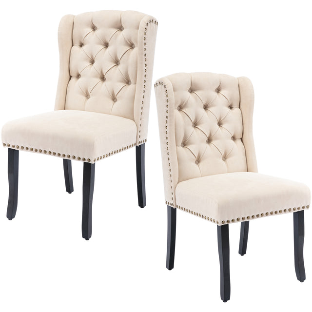 TREXM Cotton Fabric Dining Chairs Set of 2, Upholstered Dining Room Chairs with Solid Wood Legs, Wingback and Button Tufting (Beige)