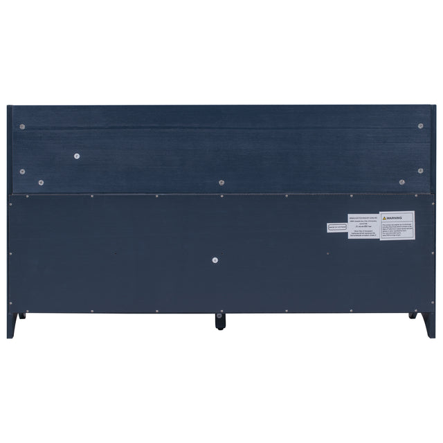 TREXM Movable Cushion Storage Bench with Drawers and Backrest for Entryway and Living Room（Antique Navy）