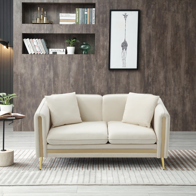 59” Modern Upholstered Velvet Loveseat Sofa 2 Seater Couch with Removable Cushions Side Pocket Mid-Century Tufted Living Room Set Gold Metal Legs,2 Pillows Included,Beige