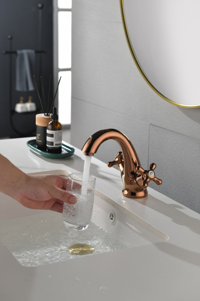 Rose Gold Bathroom Sink Faucet 2 Single Hole Vanity Vessel Sink Basin Cold and Hot Water Deck Mounted