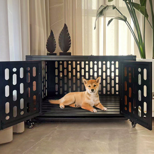 Dog Crate End Table with Cushion and Hooks,  Furniture Style Mesh Pet Kennels, Dog House Indoor Use