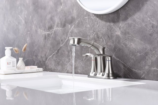Bathroom Faucets for Sink 3 Hole,Brushed Nickel Bathroom Faucet with Pull Out Multi Functional Sprayer,Vanity Sink Faucet 2 Handle Centerset 4 inch Pull Down Faucet with 2 Water Lines,RV Camper Faucet
