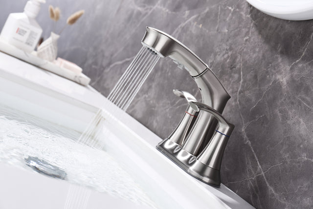 Bathroom Faucets for Sink 3 Hole,Brushed Nickel Bathroom Faucet with Pull Out Multi Functional Sprayer,Vanity Sink Faucet 2 Handle Centerset 4 inch Pull Down Faucet with 2 Water Lines,RV Camper Faucet