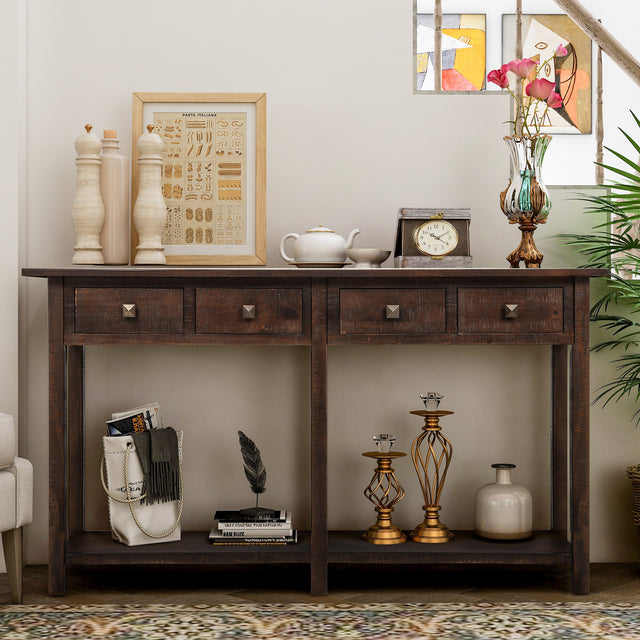 TREXM Rustic Brushed Texture Entryway Table Console Table with Drawer and Bottom Shelf for Living Room（Espresso）