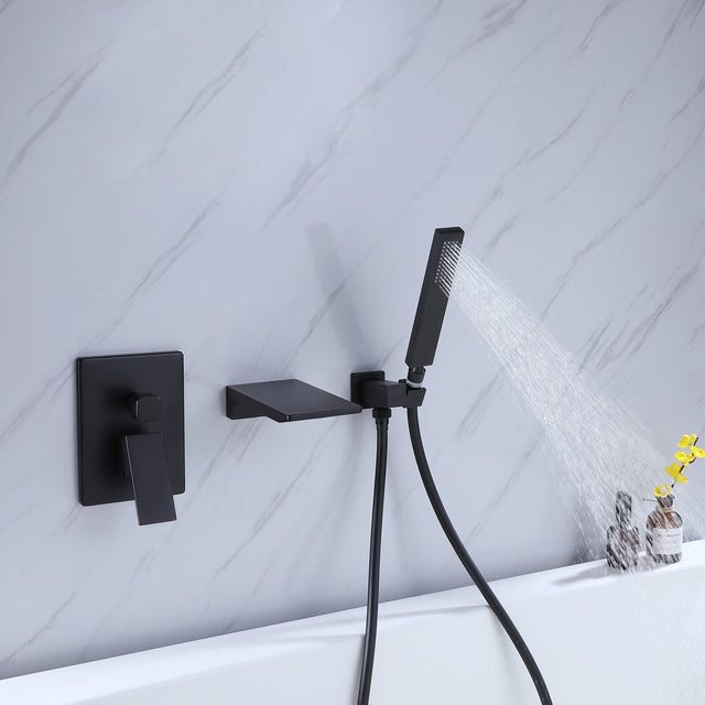 Bathtub Faucet Matte Black, Waterfall Wall Mount Tub Filler Faucet with Handheld Shower Brass, Waterfall Spout High Flow Wall Mount Tub Faucet