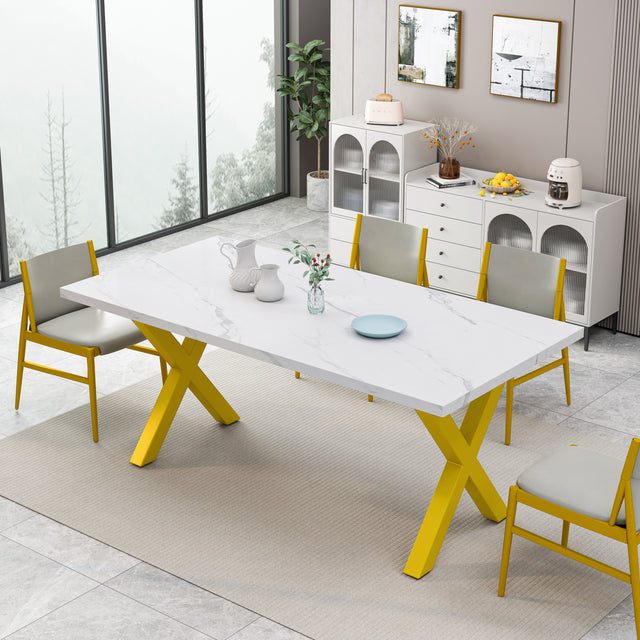 70.87"Modern Square Dining Table with Printed White Marble Table Top+Gold X-Shape Table Leg