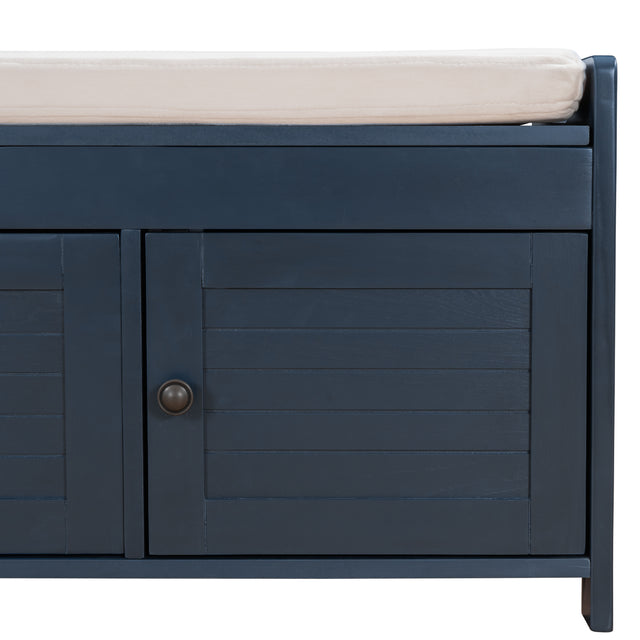 TREXM  Storage Bench with 3 Shutter-shaped Doors,  Shoe Bench with Removable Cushion and Hidden Storage Space (Antique Navy)