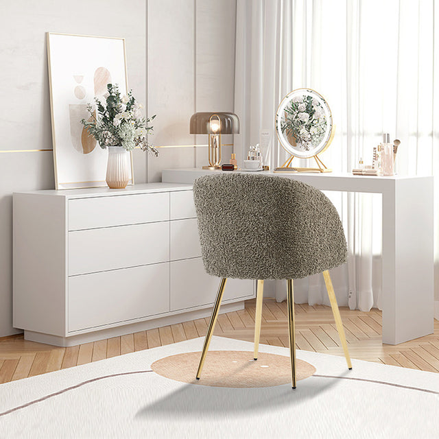 Golden Color Legs Upholstered teddy faux fur dining armrest chair set of 2 (Grey)