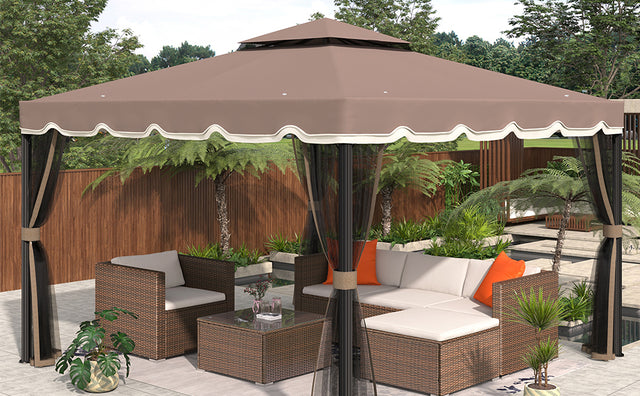 TOPMAX 9.8Ft. Wx9.8Ft.L Outdoor Iron Vented Dome Top Patio Gazebo with Netting for Backyard, Poolside and Deck, Brown