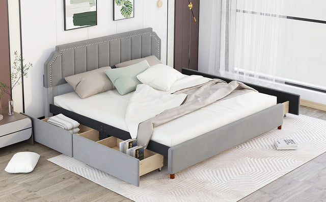 King Size Upholstery Platform Bed with Four Storage Drawers,Support Legs,Grey