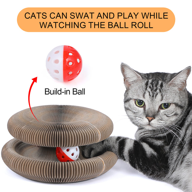 FluffyDream Magic Organ Cat Scratching Board, Interactive Scratch Pad with a Ball, Cat Scratcher for Grinding Claw, Recyclable and Durable, Furniture Protector, Retractable, Brown, Reversible