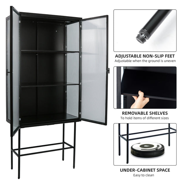 Retro Style Fluted Glass High Cabinet Storage Dual Doors Three Detachable Wide Shelves Enclosed Dust-free Storage for Living Room Bathroom Dining Room Kitchen Room Entryway,BLACK (OLD SKU:W68734128)