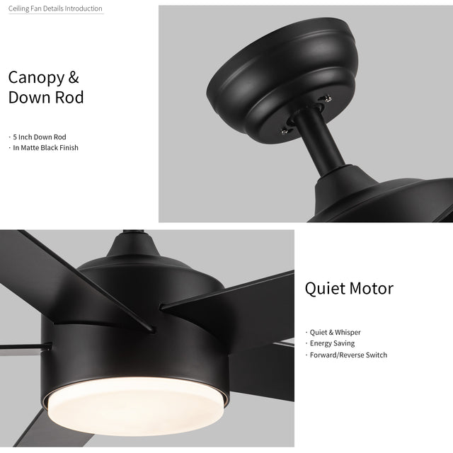 52" Integrated LED Light Matte Black Blade Ceiling Fan with Remote Control