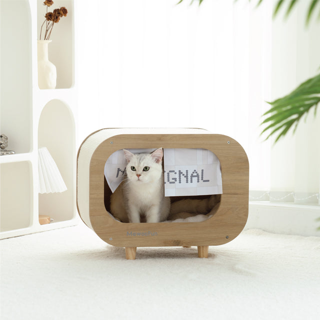 Classic Wooden TV-Shaped Cat Bed, Cat House with Cushion, White