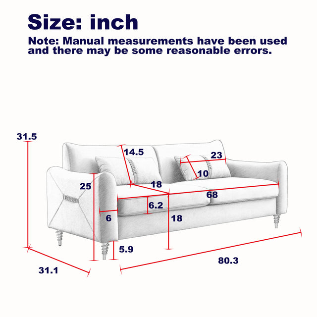 80.3" Modern Sofa Couch Upholstered Sofa Tufted Back Comfy Velvet Long Couch with 2 Pillows and Golden Legs for Living Room, Bedroom, Office, Apartment, Black