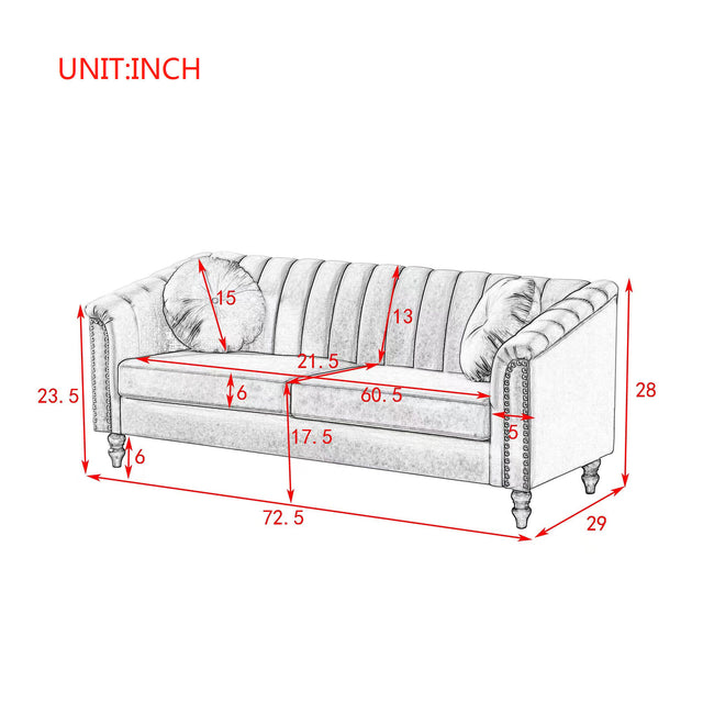 MH Modern Velvet Upholstered Sofa Couch, 3 Seat Tufted Back with Nail Arms with 2 pillows, Solid wood Legs, Sleeper Sofa for Living Room, Compact Living Space, Apartment, Bonus Room