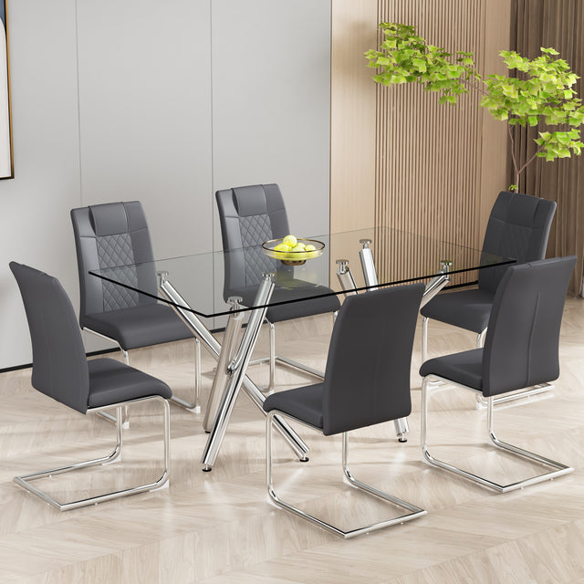 Modern Dining Chairs with Faux Leather Padded Seat Dining Living Room Chairs Upholstered Chair with Metal Legs Design for Kitchen, Living, Bedroom, Dining Room Side Chairs Set of 6 (Grey+PU Leather)