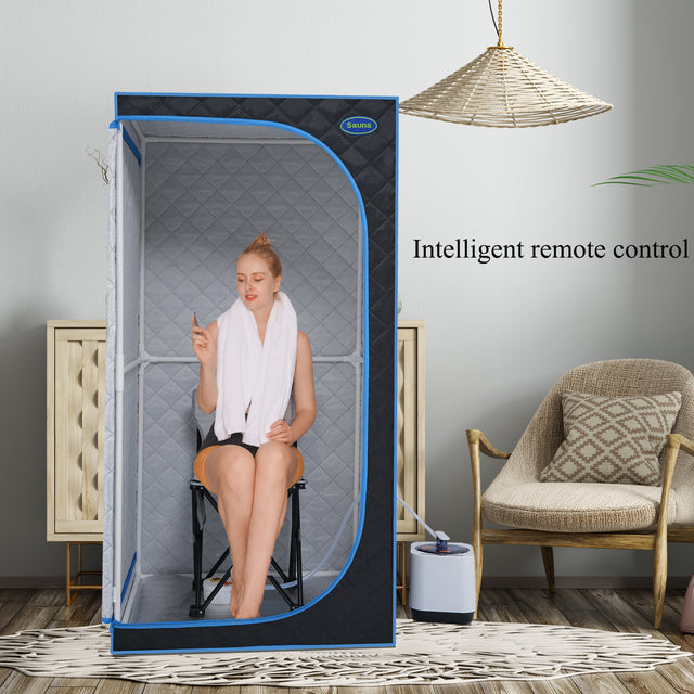 Portable Black Full Size Steam Sauna tent–Personal Home Spa, with Steam Generator, Remote Control, Foldable Chair, PVC pipes. Easy to Install,fast heating, with FCC & UL Certification.