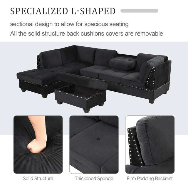 104.5" Reversible Sectional Sofa Space Saving with Storage Ottoman Rivet Ornament L-shape Couch for Small or Large Space Dorm Apartment,Black(旧SG000406AAA)